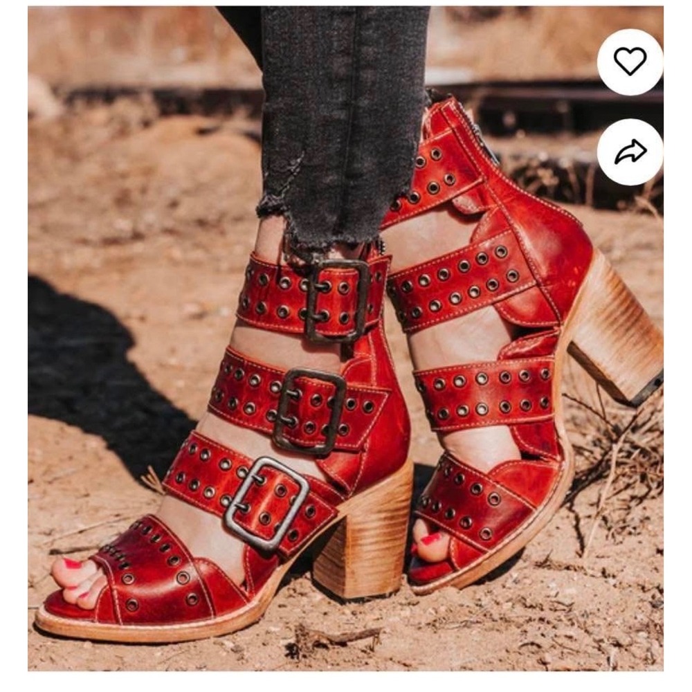 freebird Red Buckle Gladiator Block Heel Sandals